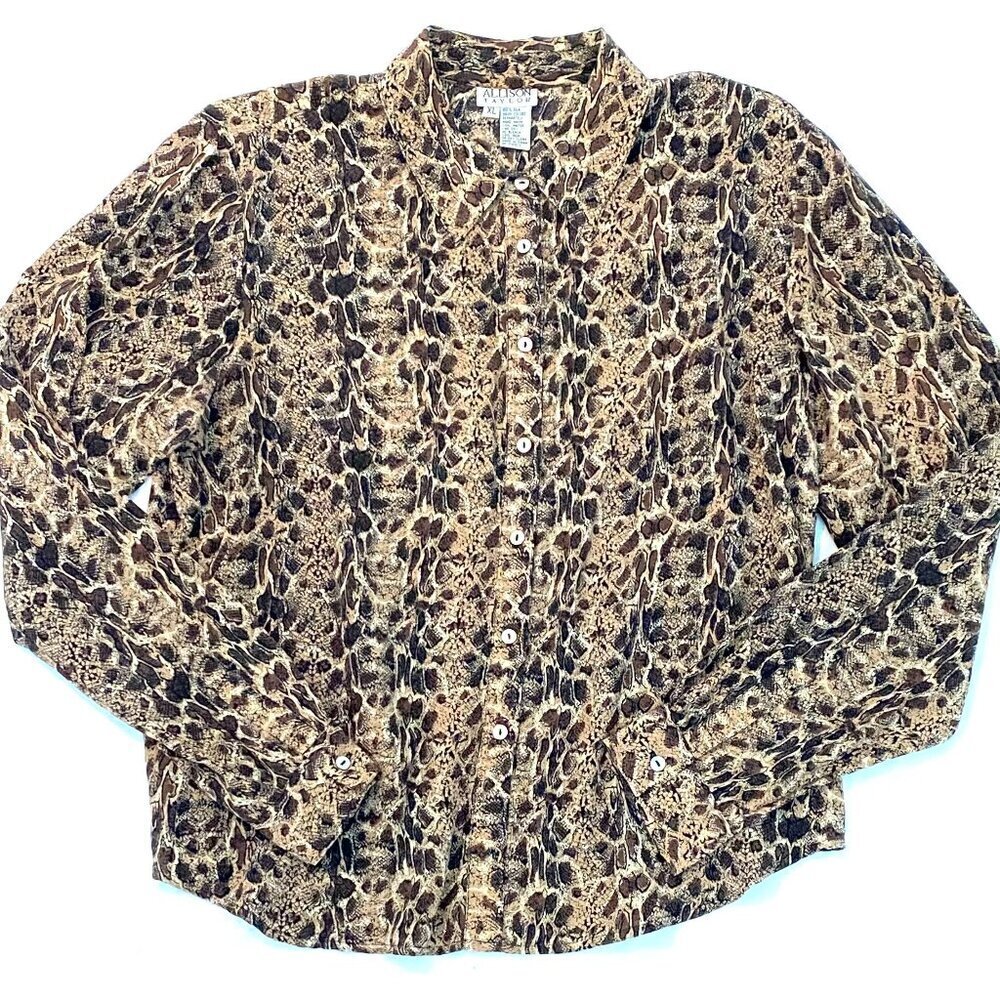 Allison Taylor silk blouse Womens Extra Large black brown animal print sheer